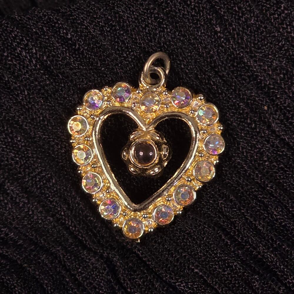 Vintage Aurora Borealis Rhinestone Heart Pendant Gold Tone
